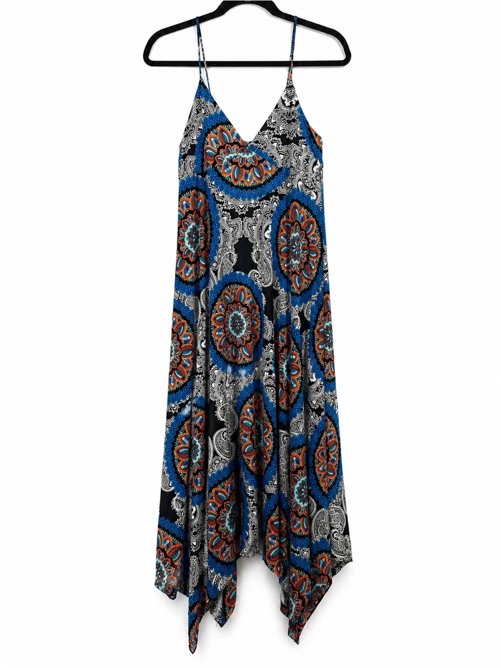 Boho Medallion Print Midi Dress Handkerchief Hem Festival Size M